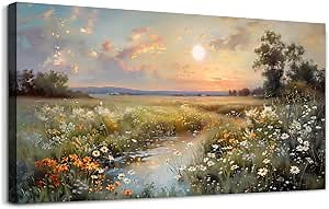 hyidecorart Vintage Farmhouse Wildflower Wall Paintings Canvas Wall Art for Living Room Wall Decor for Bedroom Office Decorations Nature Landscape Picture Artwork Aesthetic Home Decor Ready To Hang