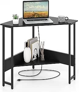 Amazon.com: IFANNY Black Corner Desk, Computer Table with Power Outlet, Storage Shelves & Metal Frame, Wood Writing Table for Bedroom, Small Corner Desks for Small Spaces : Home & Kitchen
