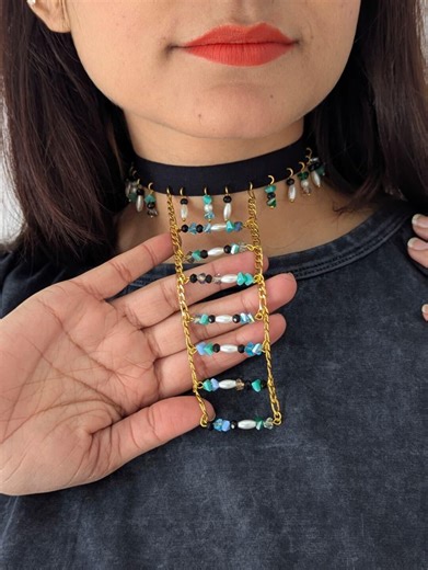 Gold Chain Ladder Beaded Choker Necklace Pearl & Turquoise Bead Choker Boho Gothic Neck Jewelry - Etsy