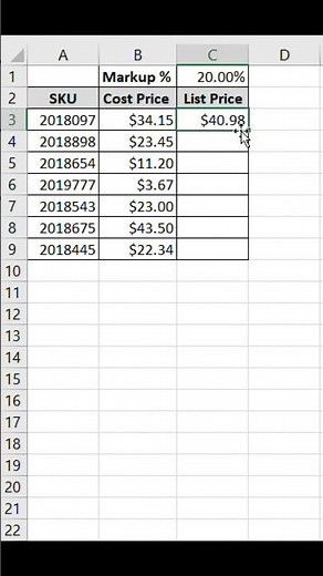 Learn how to calculate markup pricing in Excel with a defined markup percentage. #newexcel