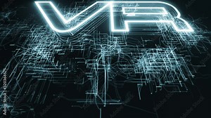 Animation of VR, virtual reality, text with circuit board-like lightning animated and the camera below moving and looking up