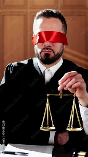 Blindfolded Judge In Courtroom Holding Justice