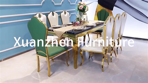 Minimalist Complete Marble Dining Table Set Elegant Rectangle Dining Table Shiny Golden Dining Table