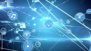 Music and wireless network icons animation over interconnected lines and nodes