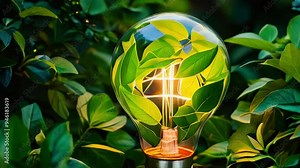 Light bulb with green leaves inside, symbolizing green energy and sustainability.