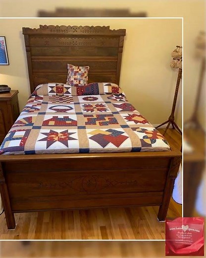 Antique Carved Oak Wood Full Size Bed Headboard, Footboard