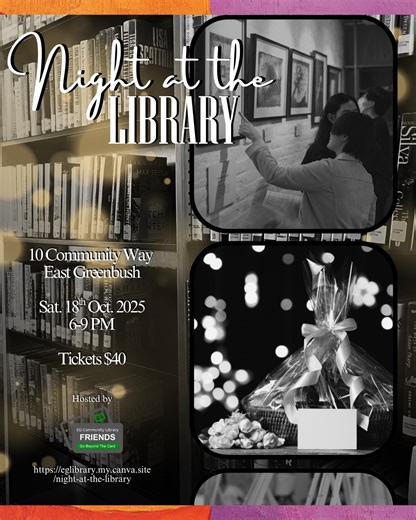 🎉 A #NightAtTheLibrary is almost upon us! 🎉 Step into the library after hours and experience an evening filled with art, music, and community. ✨ Here’s what’s in store: 🎨 Silent auction featuring original artwork, jewelry, pottery & local treasures 🖌️ Paint & Sip sessions 🍷 Delicious food & drinks 🎶 Live entertainment to set the mood 📚 A cozy, magical library atmosphere Every ticket purchased helps support our local library and fuels imagination, literacy, and lifelong learning in our com