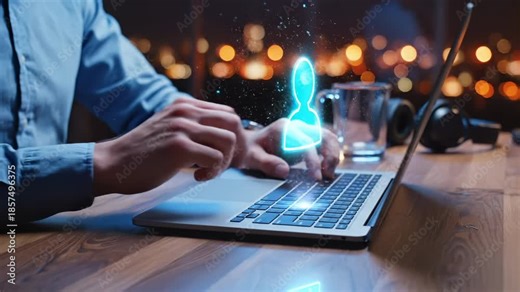 Person types on laptop with holographic user profile above keyboard. Digital avatar appears while typing on laptop. User icon hologram shows digital networking. Person works with profile technology.