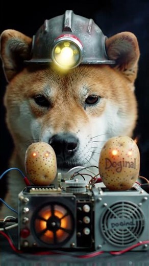 Shiba Inu attempts to mine Dogecoin with a vintage potato-powered PC, sparks flying.