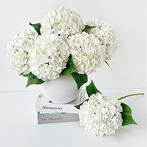 ZYTUYO 5 Pcs White Silk Hydrangeas Aritificial Flower Boho 20'' Faux Dried Touch Hydrangeas for Spring Indoor Home Decor Kitchen Living Room Porch Outdoor Wedding Flower Arrangement