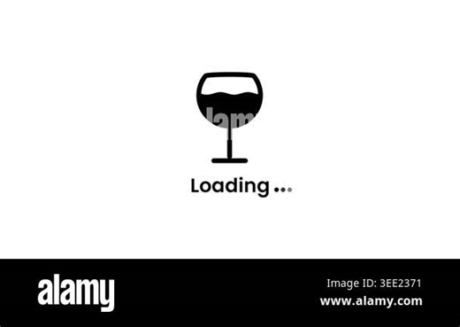 A wine glass icon with a loading text below indicating a loading state, progress animation, or a waiting indicator for a food or drink app Stock Video Footage - Alamy