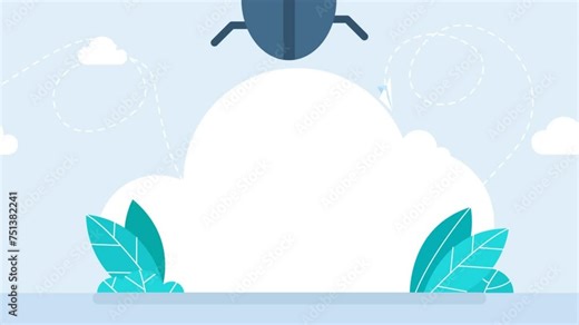 Blue beetle appears at the bottom of the screen, crawls from bottom to top, and disappears at the top of the screen. Bug, beetle. Find errors, software testing. Computer virus. 2d bright animation