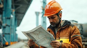 A professional civil engineer wearing a safety helmet inspects a bridge while holding a project plan. An expert architect stands at the construction site or building structure, studying the blueprint.