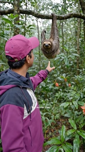 Sloth hanging slowly from tree branch, long arms, tropical rainforest environment.