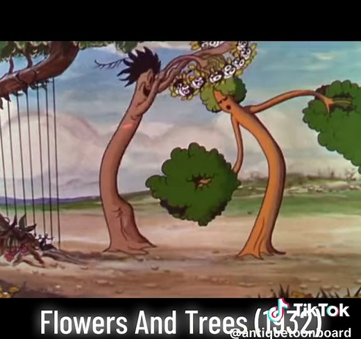 Silly Symphony “Flowers And Trees”, 1932. The story of two trees in love who are threatened by a jealous old stump that attempts to burn the forest down in order to destroy them. But he only succeeds in reducing himself to ash. . . . #sillysymphony #sillysymphonies #disney #disneychannel #old #oldschool #retro #classiccartoons #animation #trees #spring #love