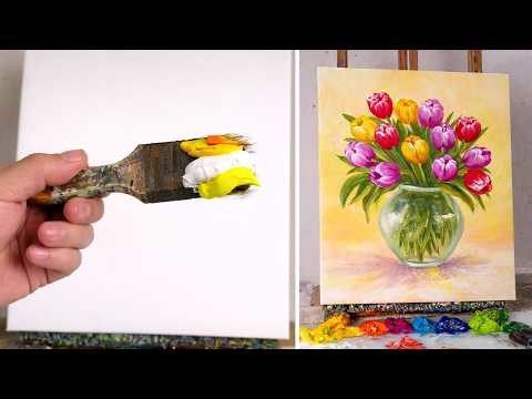 How to Paint Tulips in a Vase | Step-by-Step Acrylic Tutorial for Beginners #428