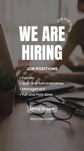 SDCCD on Instagram: "Looking for a new job in the new year? Take a look through the SDCCD’s job postings. Administrative Assistant IV - @sandiegocitycollege Assistant Professor, Biology - @sdmesacollege Web Designer - @sdmiramar Clothing and Textiles Instructor - @sdcceedu Police Communications Dispatcher - @sdccdpolice Programmer Analyst - District Office Check out these opportunities and more at sdccd.edu/jobs #jobs #jobopportunity"