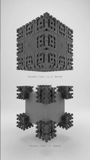 3D cellular automata growth cases {1} and {1,3}; Moore neighbourhood; starting from 1 cell #houdini