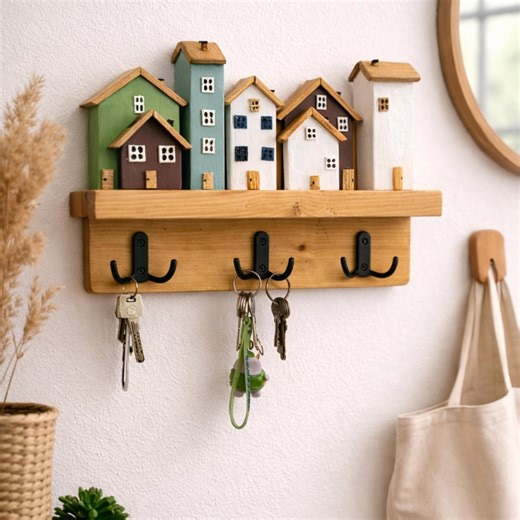 Handmade Wooden Key Holder Wall Mount – Rustic House Key Rack With Shelf – Entryway Organizer - Etsy
