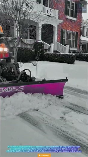 Fast & Precise: Professional Worker Operating a BOSS Compact Snow Plow in Heavy Snowfall
