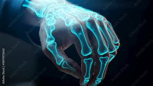 Radiant bone display, Real time xray visualization for medical diagnostic purposes, Interactive augmented reality system displaying glowing bones and tracking joint movements precisely