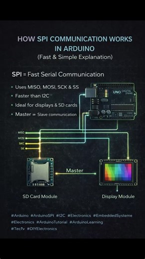 @arduino_projects__tech_diy on Instagram: "How SPI Communication Works in Arduino (Fast & Simple Explanation) SPI (Serial Peripheral Interface) is one of the fastest communication protocols used in Arduino projects. It uses four main pins (MISO, MOSI, SCK, SS) to send and receive data between a master and multiple slave devices. SPI is ideal for displays, SD cards and modules that require high-speed data transfer. Learn how SPI works, when to use it instead of I2C, and why it’s so popular in ele