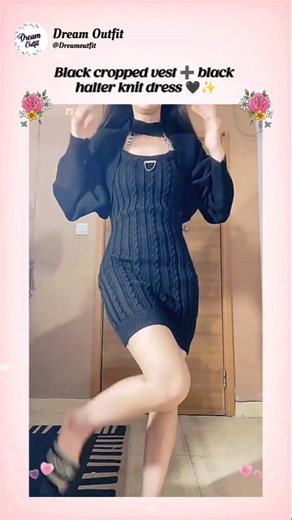Black cropped vest ➕ black halter knit dress 🖤✨