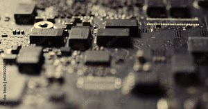 Electronic chip component on the blue printed pcb. Concept of computer hardware and digital computing of big data. Integrated circuit board with processor close up.