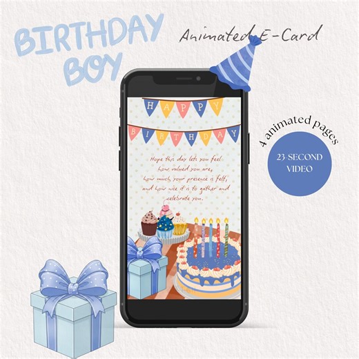 Animated Happy Birthday Card for Boys, Blue Birthday Video Greeting, Kids or Adults, Editable Digital E-card Download - Etsy