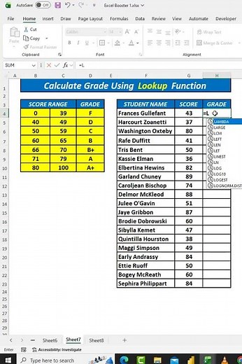 How to Assign Letter Grades in Excel Using Lookup Function in Excel #excel #shorts #exceltips