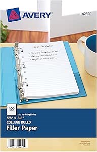 Avery Mini Binder Filler Paper for 3 Ring Binders or 7 Ring Binders, College Ruled, 5.5" x 8.5", 100 Sheets (14230)