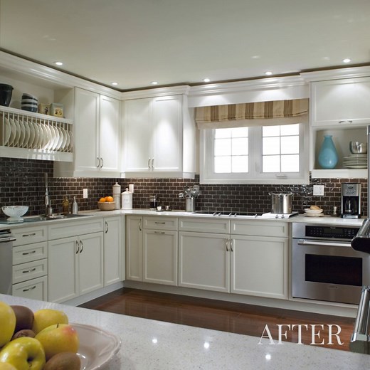 This kitchen needed light! To accomplish that, we… • Installed recessed ceiling lights • Added pendants over the prep counter • Replaced the cabinetry in a rich vanilla finish • Installed light quartz countertops to reflect and brighten the room. | Candice Olson Design