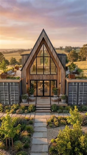 How Two Shipping Containers Transformed Into a Striking A-Frame Cabin Retreat 😮🏡 This home is a perfect blend of contrast and balance. Known as a Container A-Frame Fusion Cabin, the design skips vertical stacking and instead places two full-size shipping containers side by side, forming a solid base. Rising from them is a bold, steep-angled A-frame timber structure that defines the entire silhouette. The containers provide strength and stability, while the timber core introduces height, warmth