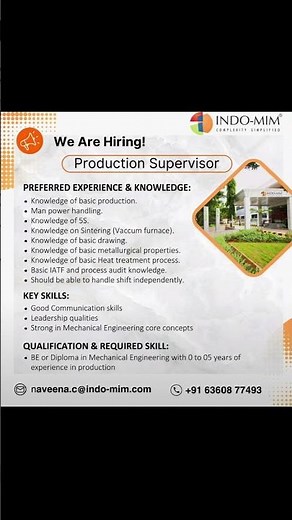 INDO - MIM is hiring for production supervisor