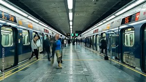 Public underground transport. Busy people hurry during rush hour in subway time laps. Crowd of people in metro timelapse. Train station platform. City urban transportation.