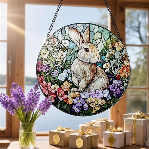 Rabbit Stained Glass Suncatcher, Bunny Window Hanging Decor, Cute Animal Gift for Mom Friend Birthday Mother’s Day - Etsy