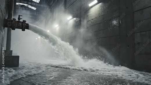 Powerful water rushing from broken pipe flooding industrial building interior for disaster and emergency content