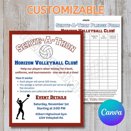 Volleyball Serve-a-thon Flyer & Pledge Form: Editable Canva Template - Etsy