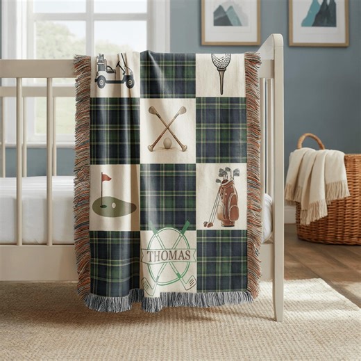 Personalized Golf Baby Blanket With Name, Green Plaid Nursery Decor, Custom Newborn Throw, Baby Shower Gift Woven Fringe Keepsake Golfer Boy - Etsy