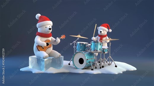 Two adorable polar bears in Santa hats playing musical instruments on an icy stage, celebrating the festive season with a cheerful performance.