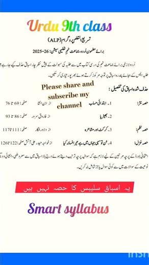 Urdu smart syllabus 9th class |short syllabus 2026 exams