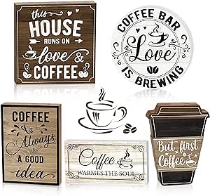 Capoda 5 Pcs Coffee Bar Sign Wooden Table Decor Rustic Farmhouse Table Station Signs Coffee Bar Accessories for Kitchen Home Office Cafe Decor