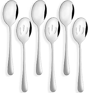 Serving Utensils Set - 3 Spoons and 3 Slotted Spoons, 8.7 Inches Large Stainless Steel for Buffet Parties Banquet Cooking Kitchen, Set of 6