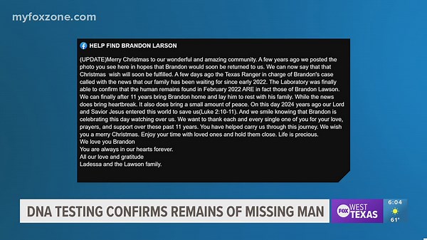 DNA confirms remains of missing Texas man Brandon Lawson
