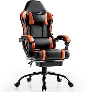 Ergonomic Gaming Chair with Footrest in PU Leather | Adult Gamer/Office Chair with Lumbar Support & Reclining Feature for Comfortable, Heavy Use