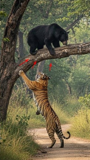 Tiger 🐅 and Black Bear’s 🐻 Unexpected Forest Encounter!
