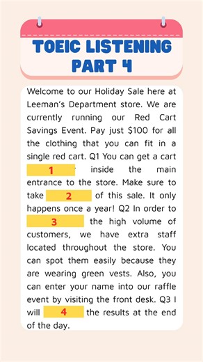 📝Sample listening path 4 band 650 --------- 🌐Website: https://estudyme.com/toeic-testpro/ 📲Tải app qua Google play: rebrand.ly/bubs93g 📲Tải app qua Appstore: rebrand.ly/toeicios 📩Email: info@estudyme.com #ToeicTestPro #estudyme #TOEIC #reelsviral #reelfb #toeiclistening #part4 | Estudyme - Practice for TOEIC Test Pro