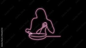 The baker makes a cake 4k animation. One line drawing and continuous style isolated Neon light on black background.