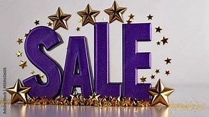 Festive Sale sign with purple letters and gold stars, perfect for promoting holiday discounts, Christmas, New Year, and Black Friday sales events