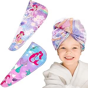 CBLBXYB 2 Pack Hair Towel Wrap for Kids Girls Woman, Mermaid & Fairy Princess Microfiber Rapid Drying Twisty Anti Frizz Hair Towel with Button Hair Turbans for Wet Hair